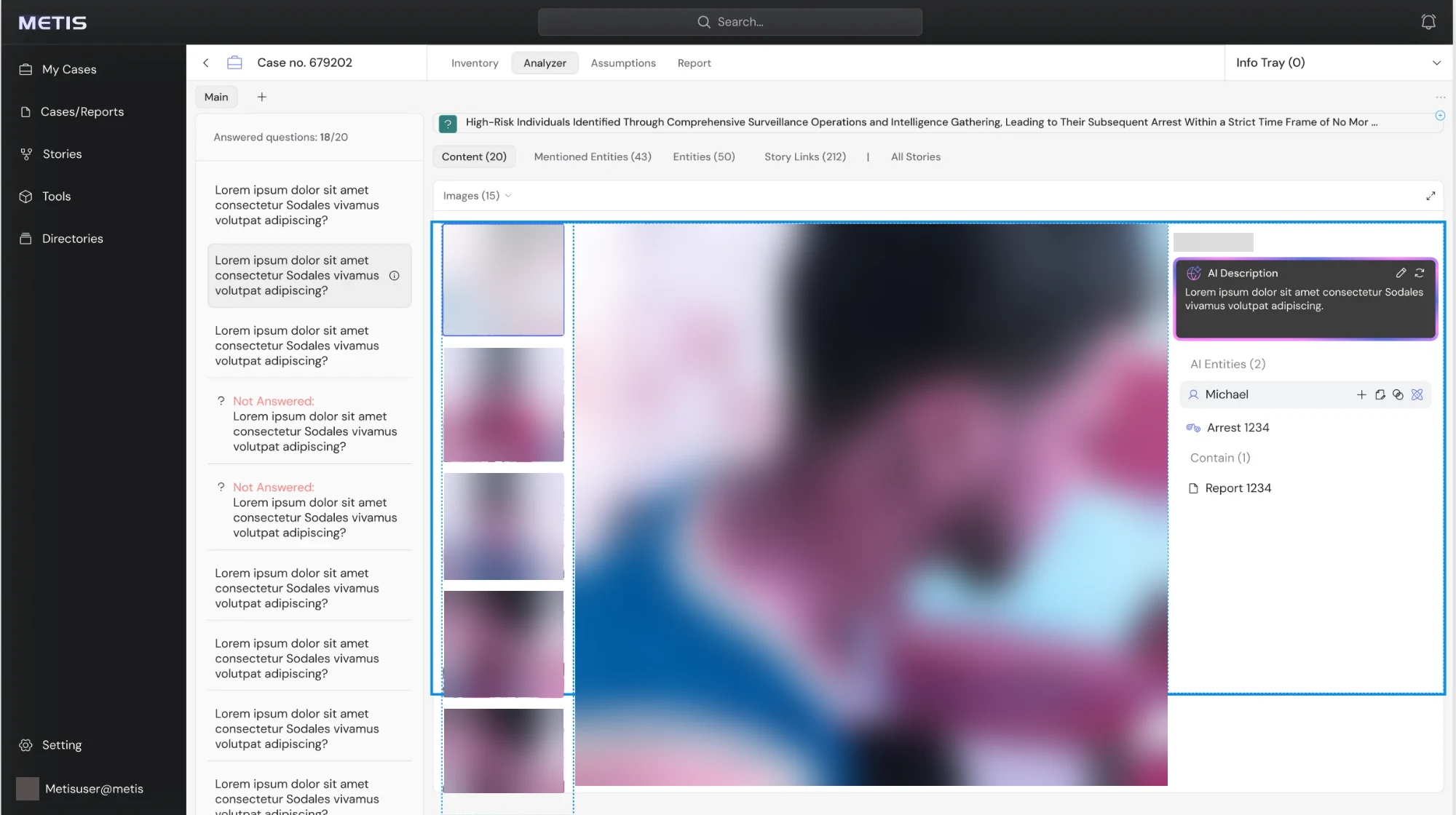 METIS case analysis screen: question list, an AI summary panel, image evidence gallery and AI-detected entities
