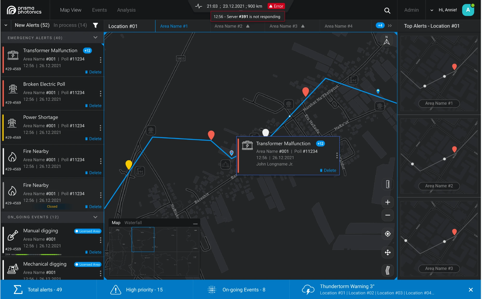Prisma Photonics monitoring dashboard: alert list, map view with infrastructure lines and alert pins, and per-area alert panels